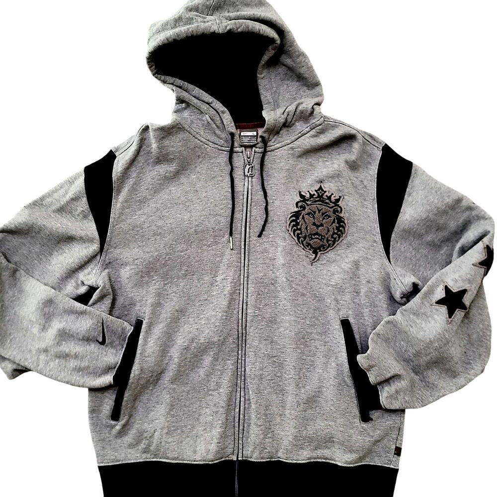 Y2K Nike Lebron King James Mens Large Gray Heavy Lion Stars Hoodie FLAWS